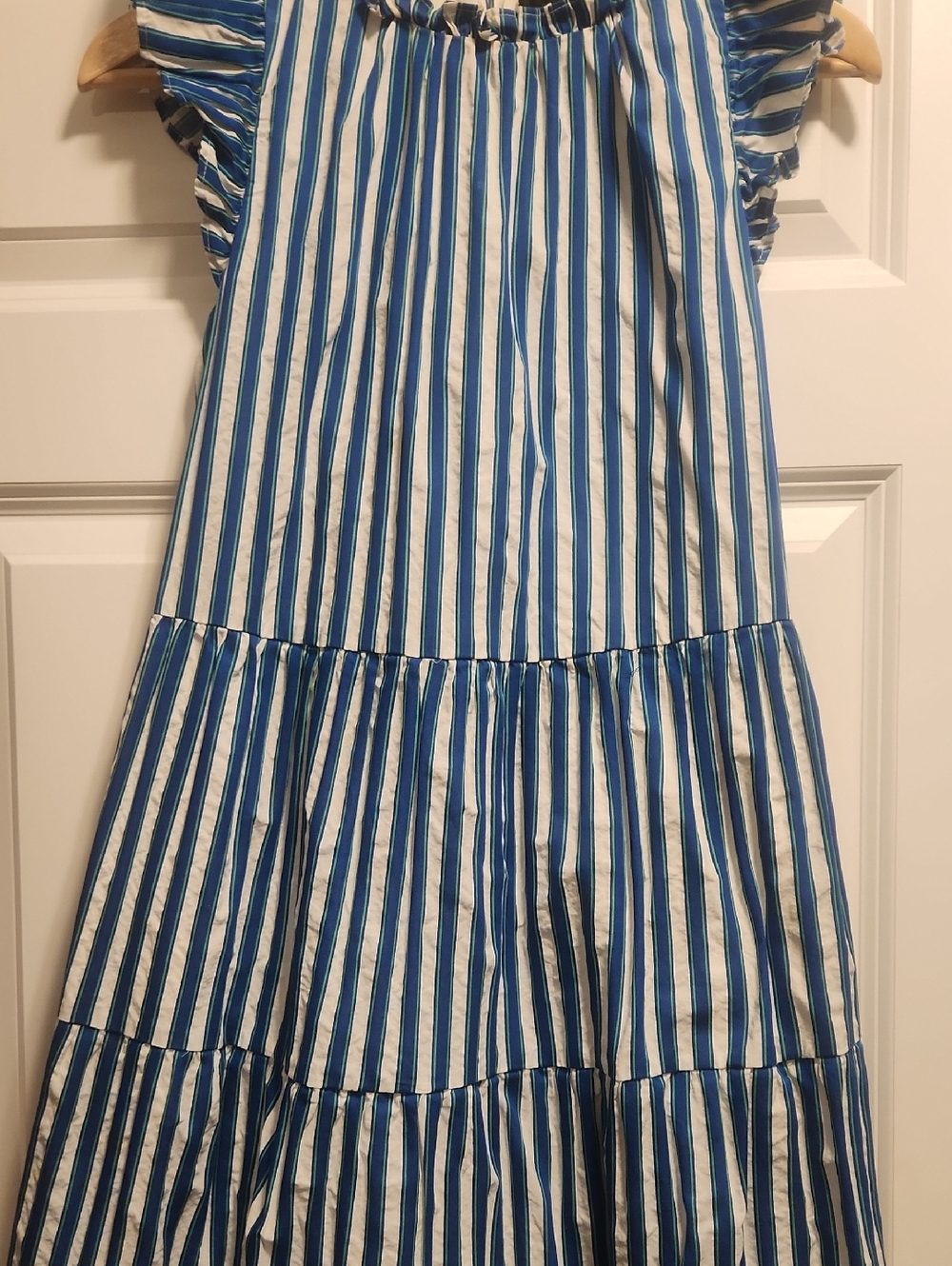 J. Crew Blue Green and White Striped Tiered Ruffle Dress - Picture 2 of 11